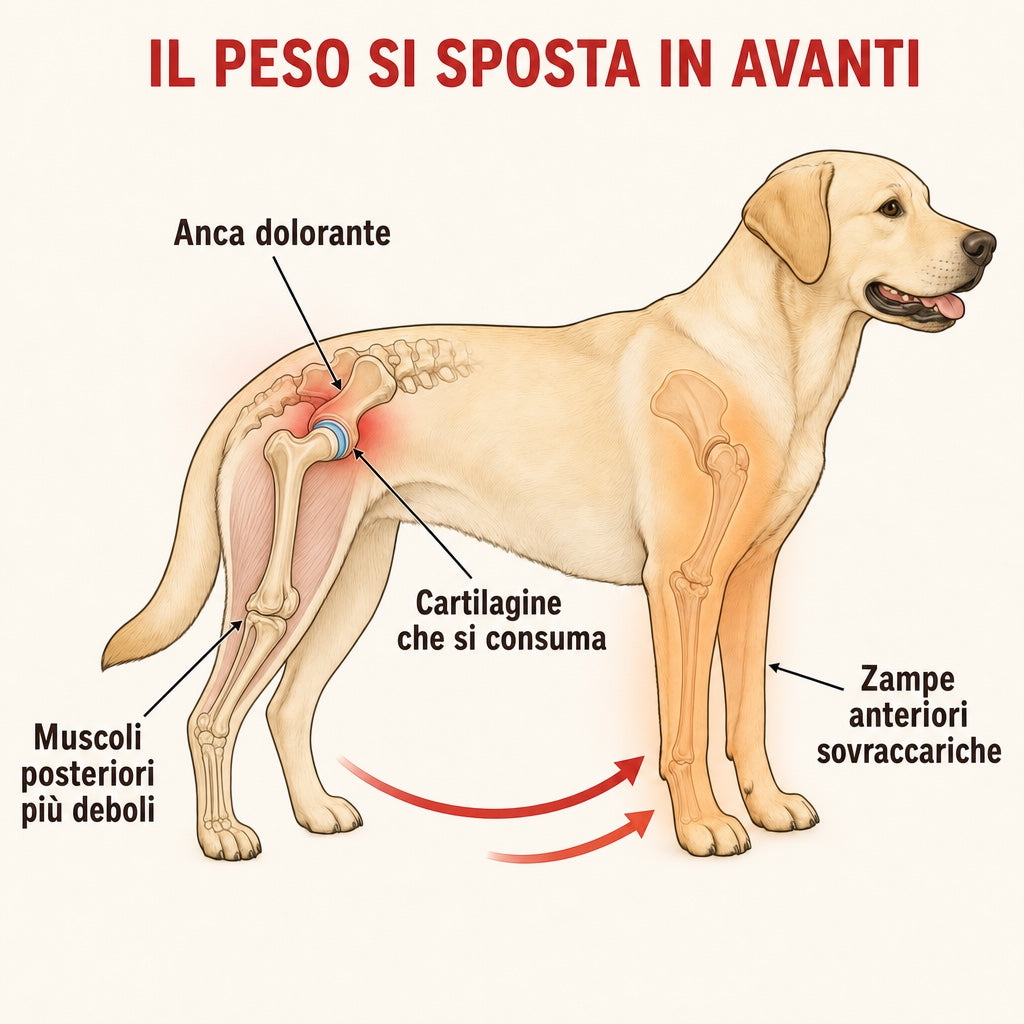 Cane con le zone sotto sforzo: anca dolorante, zampe anteriori sovraccariche, muscoli posteriori più deboli