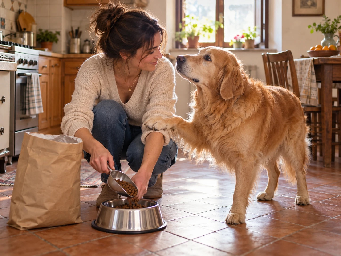 Il cane appoggia la zampa sul braccio della proprietaria mentre lei riempie la ciotola