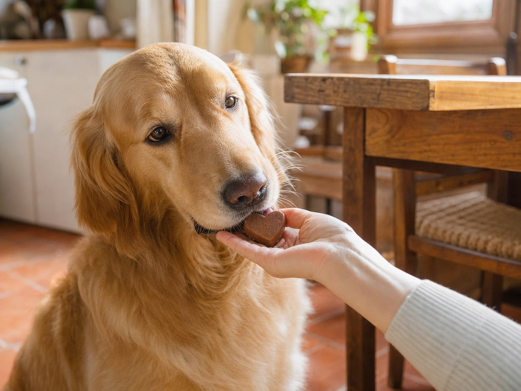 Golden retriever prende un bocconcino morbido a forma di cuore dalla mano della proprietaria